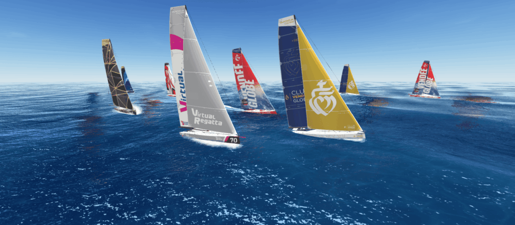 Plusieurs bateaux à voile visibles dans le cadre du jeu en simulation.
