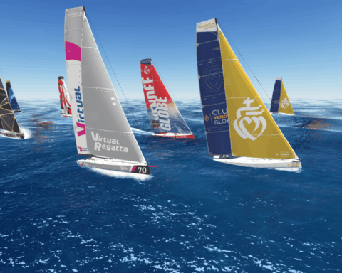 Plusieurs bateaux à voile visibles dans le cadre du jeu en simulation.